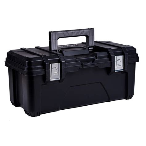 26 in plastic tool box with metal latches in black|10.63 inch tool box.